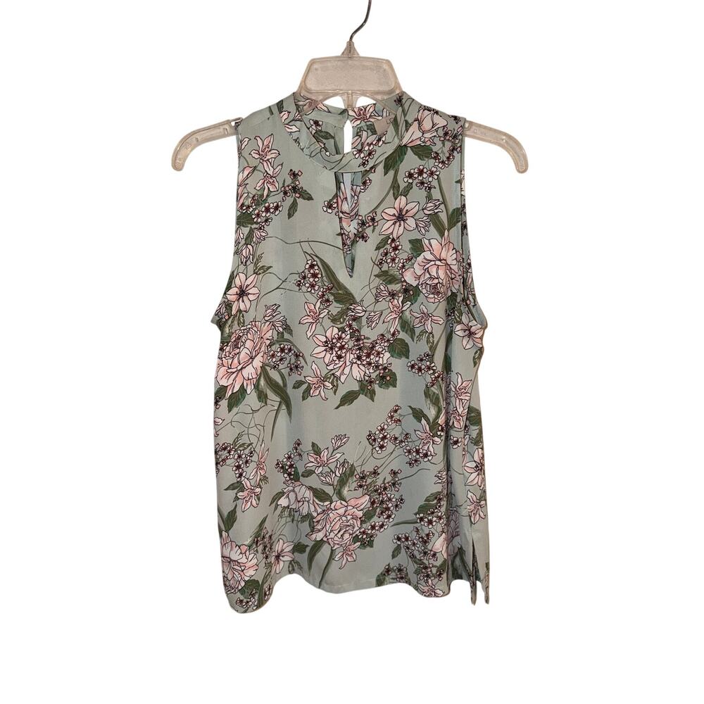 LOFT Women's Petite Floral Sleeveless Blouse Sage Green Pink Keyhole Top